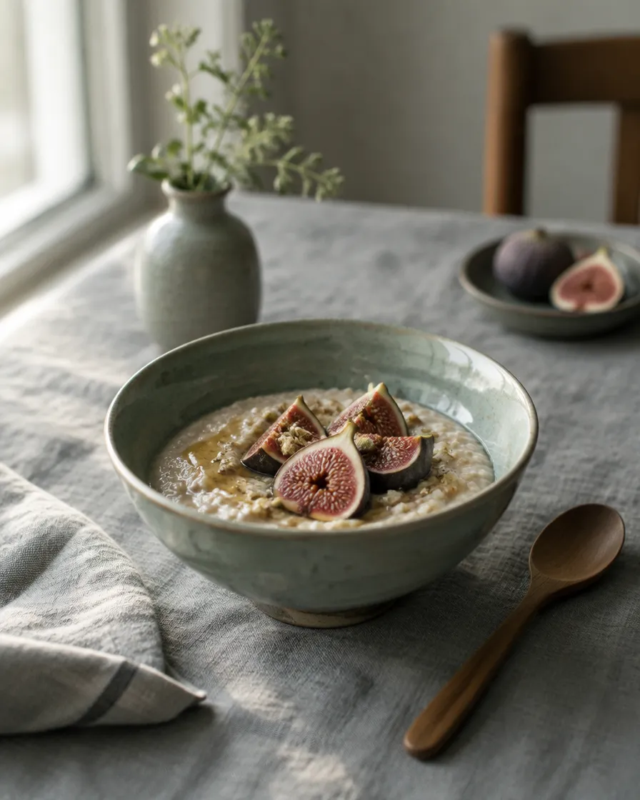 A celadon bowl of porridge on a linen table