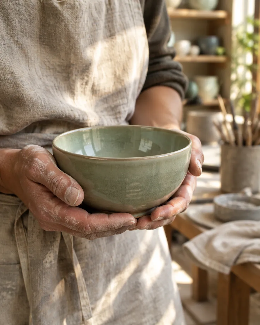 Hands holding a finished celadon bowl in the studio