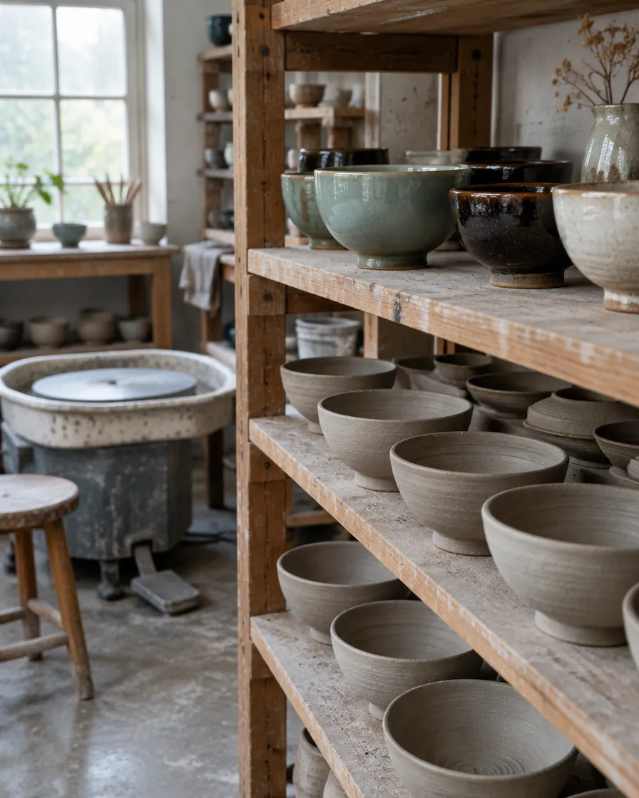 Shelves of drying and glazed bowls in a small ceramic studio