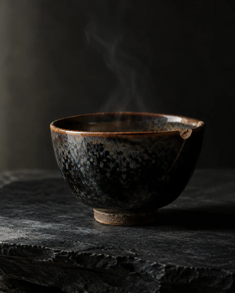 The Tea Bowl in dark tenmoku glaze with steam rising