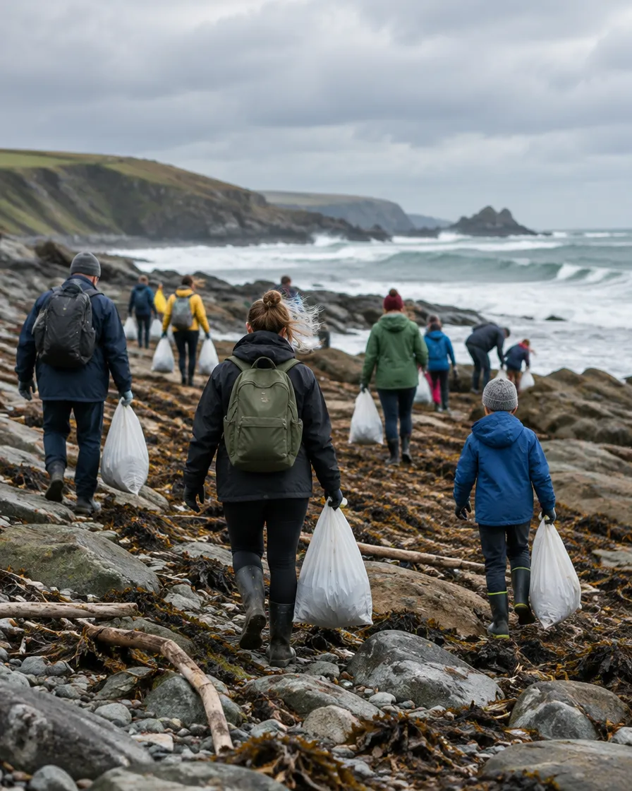 Neighbours carrying bags of collected plastic along a rocky coast
