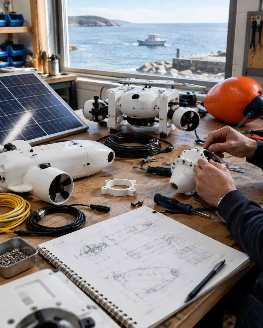 A workbench with white robot parts, an orange float and sketches