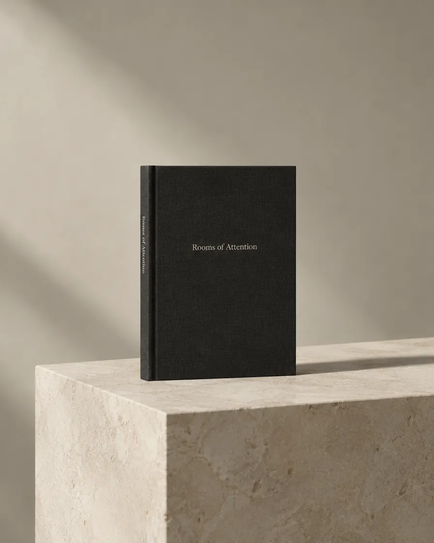 A black cloth-bound book titled Rooms of Attention on a limestone plinth