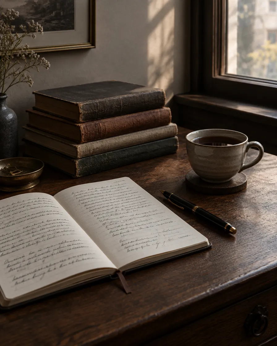 A writing desk with an open notebook, books and a cup of tea