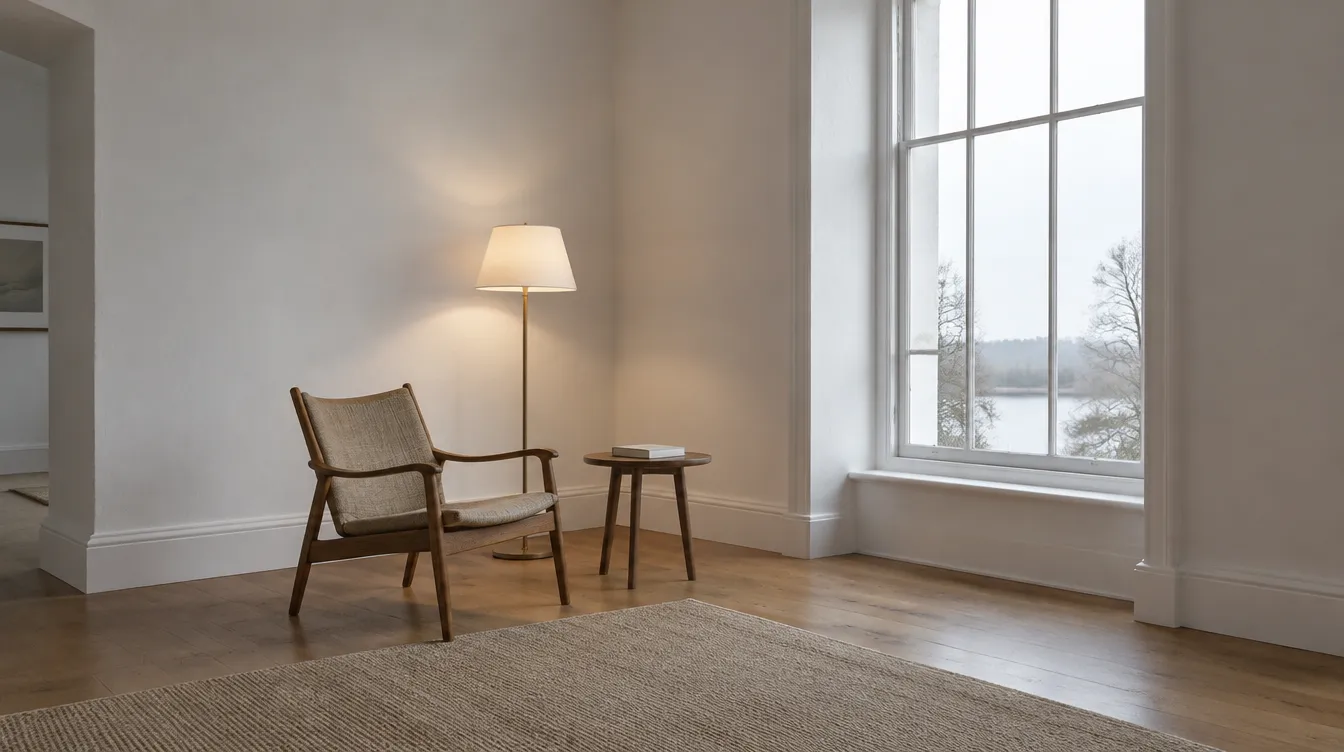 A quiet reading room with one chair and a lamp